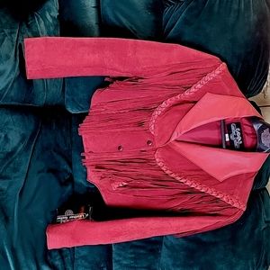 NWT VTG Leather Gallery Pig split ladies Red Medium fringe jacket